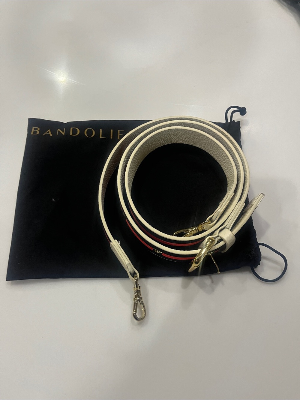 Bandolier White Strap with Navy and Orange Accent and Gold Hardware - Picture 6 of 7